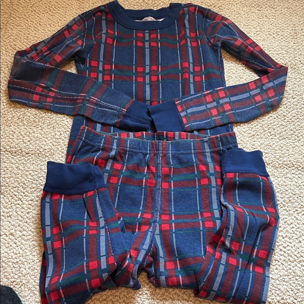 Hannah Andersson Kids Plaid Two-Piece Pajama Set - Navy & Red, size 10
